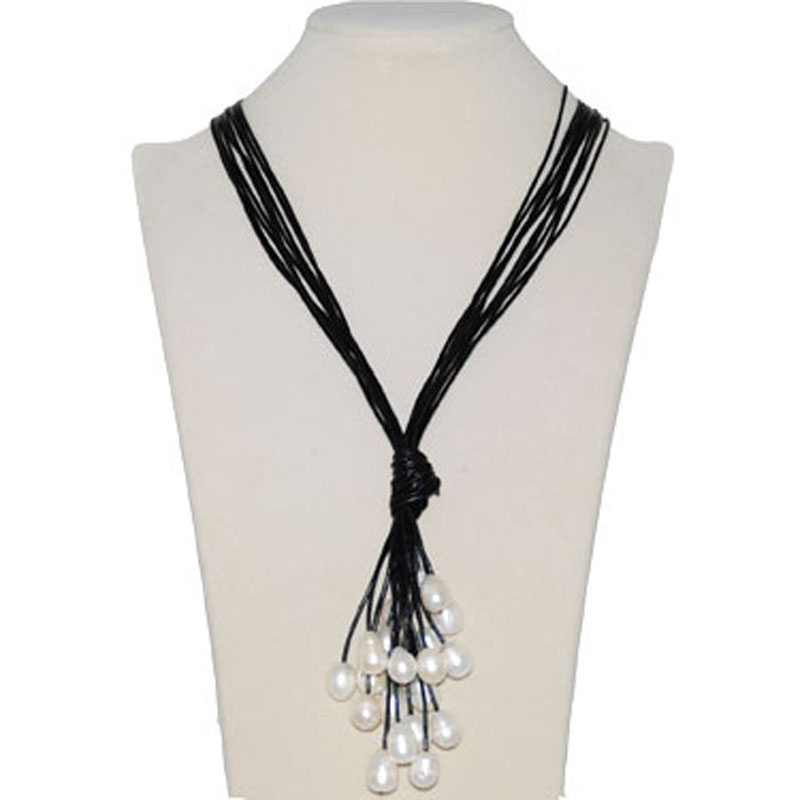 36 inches 10 Rows Black Leather Natural 11-12mm Pearl Necklace