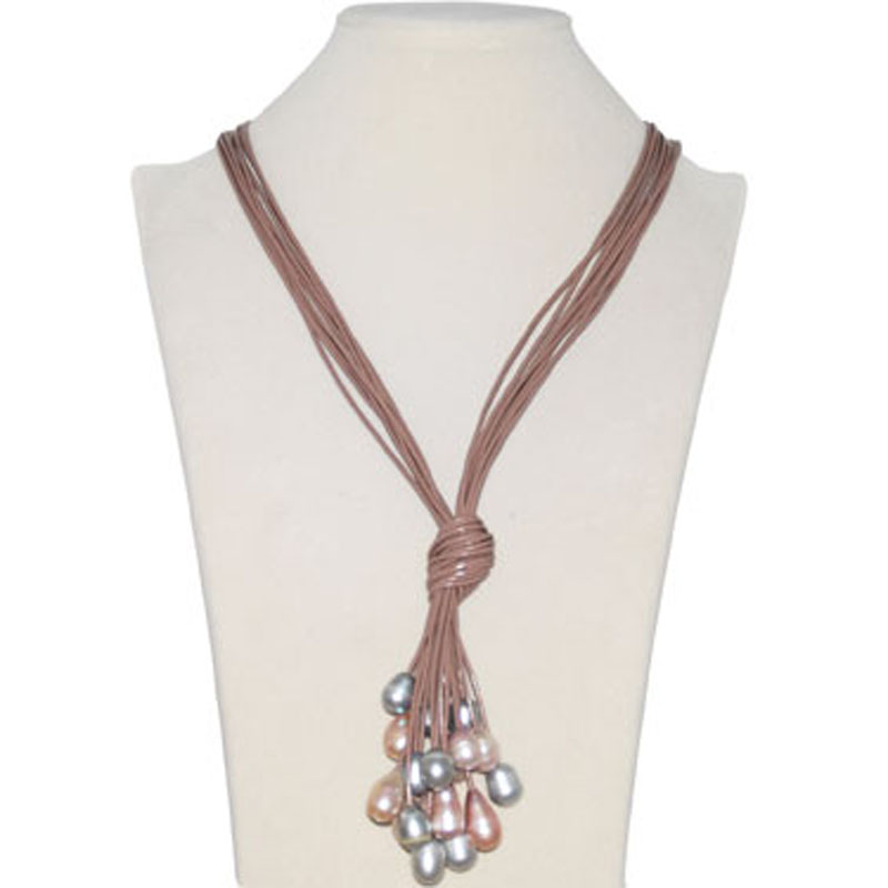 36 inches 10 Rows Coffee Leather Multicolor Pearl Necklace