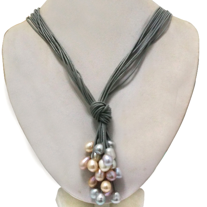 36 inches 10 Rows Gray Leather 11-12mm Multicolor Pearl Necklace