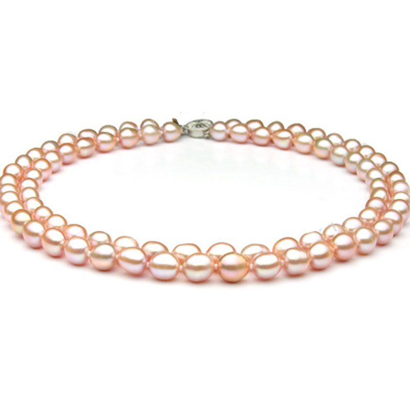 17-18 inches 2 rows 7-8mm Natural Pink Rice Pearl Necklace
