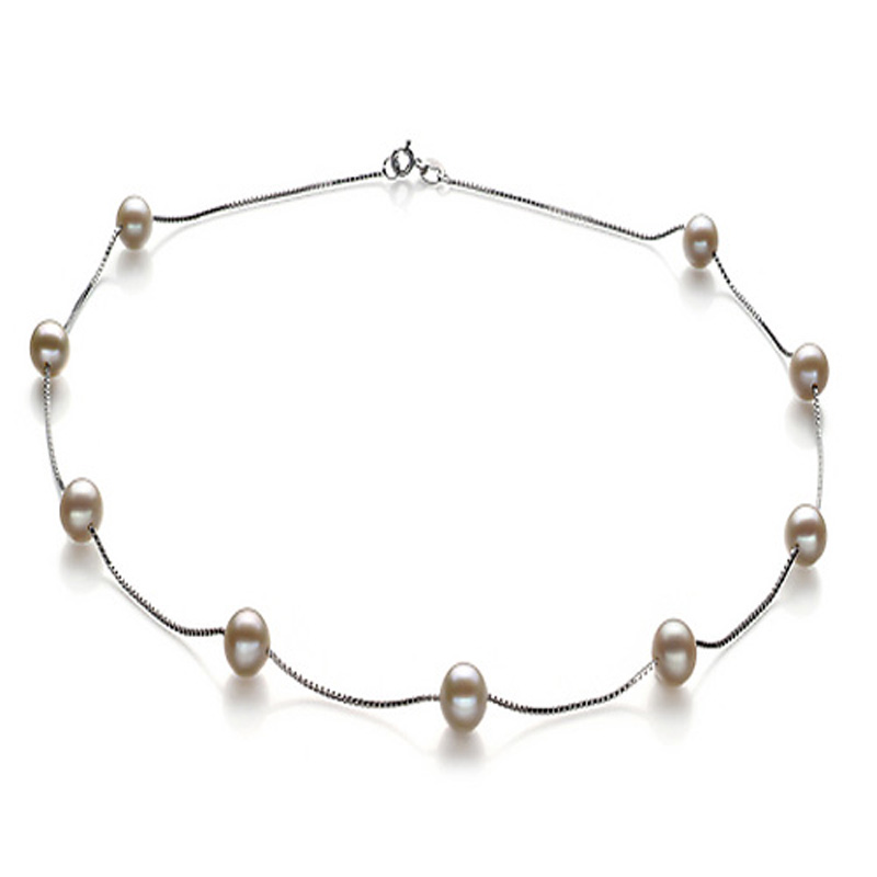 18 inches 7-8 mm White Round Pearl 925 Silver Tin Cup Necklace