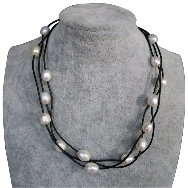 17 inches 3 Rows Black Leather 11-12mm White Pearl Necklace