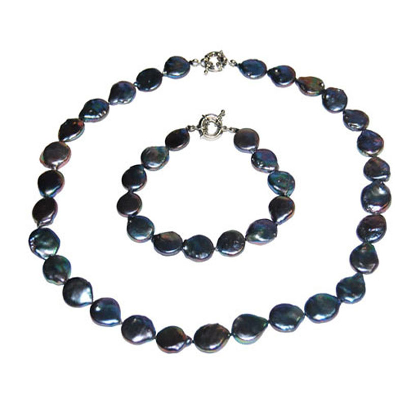 12mm Black Coin Pearls Necklace & Bracelet Jewelry Set