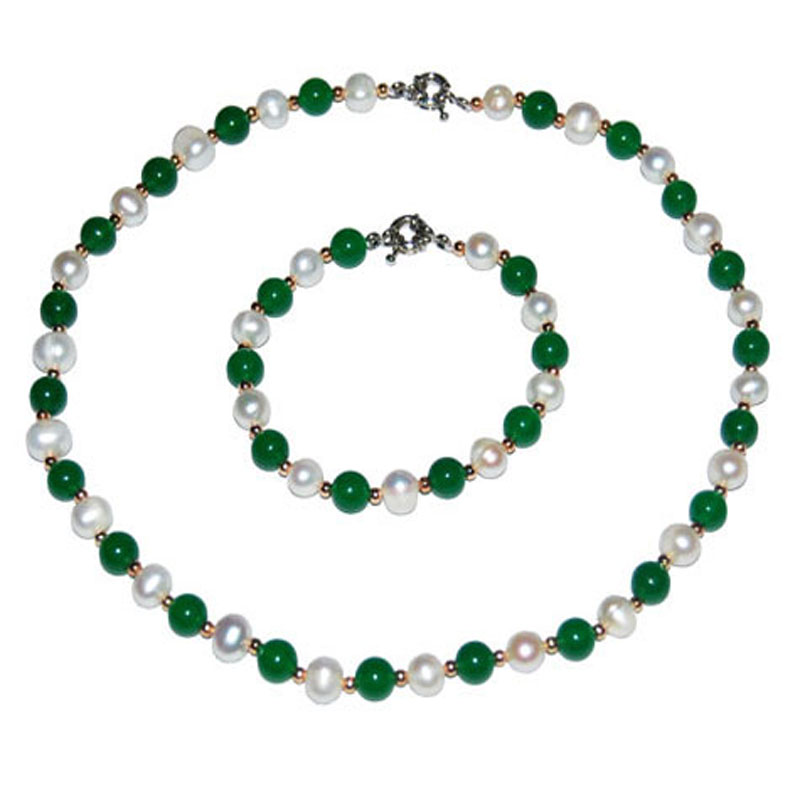 18 inches 7-8mm Malaysia Jade & Natural Pearl Necklace Set
