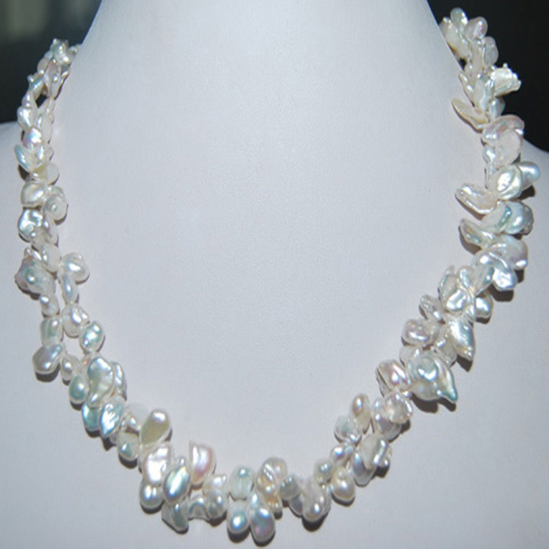 18 inches 2 Rows Twisted 8mm White Keshi Pearl Necklace