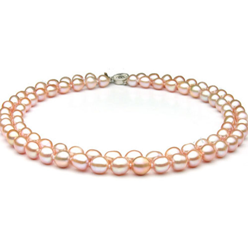 2 Rows 17-18 inches 7-8mm Natural Pink Rice Pearl Necklace