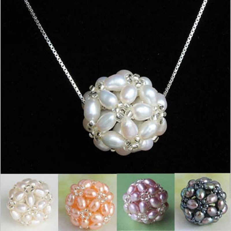 18 inches 3-4mm Rice Pearl 17mm Ball 925 Silver Pendent Necklace