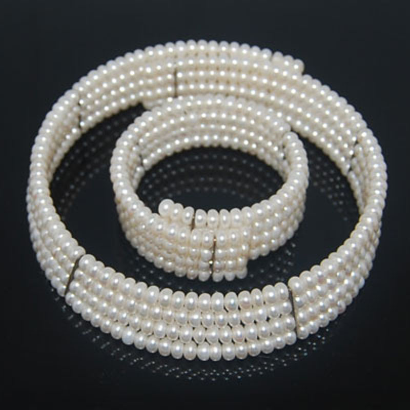 16 inches 5-6mm White Button Pearl Memory Wire Cuff Chocker Necklace Set