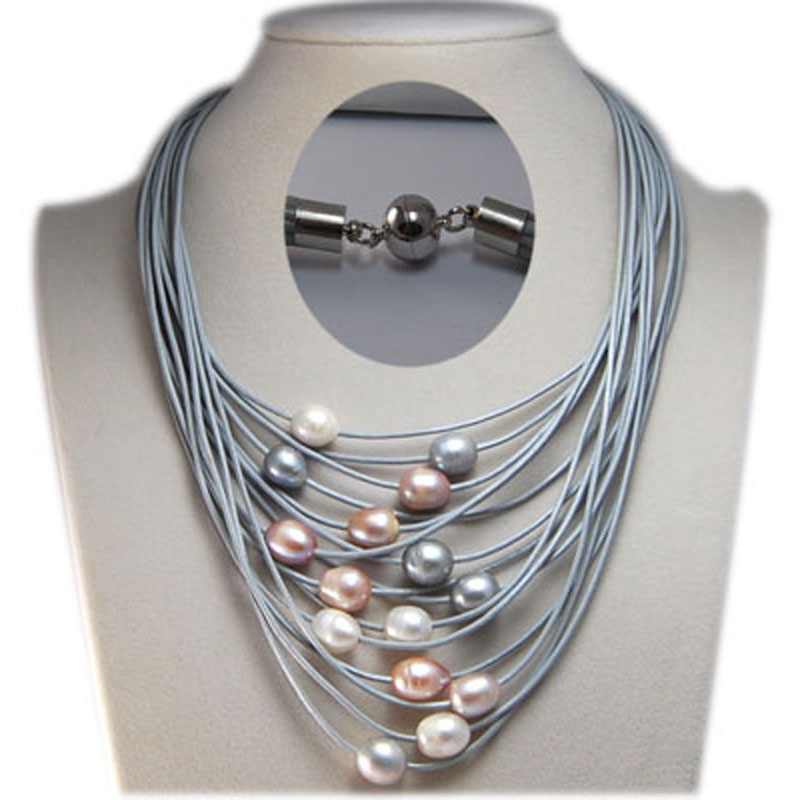 17-24 inches 15 Rows Gray Leather Multicolor Pearl Necklace