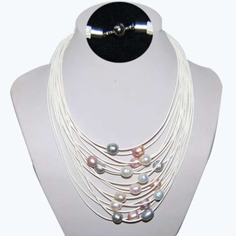 17-24 inches 15 Rows White Leather Multicolor Pearl Necklace