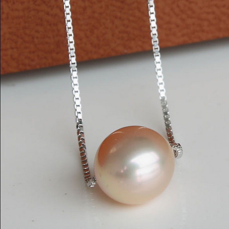 10-11mm AAA Natural Pink Round Fresh Water Pearl 925 Sterling Silver Chain Necklace
