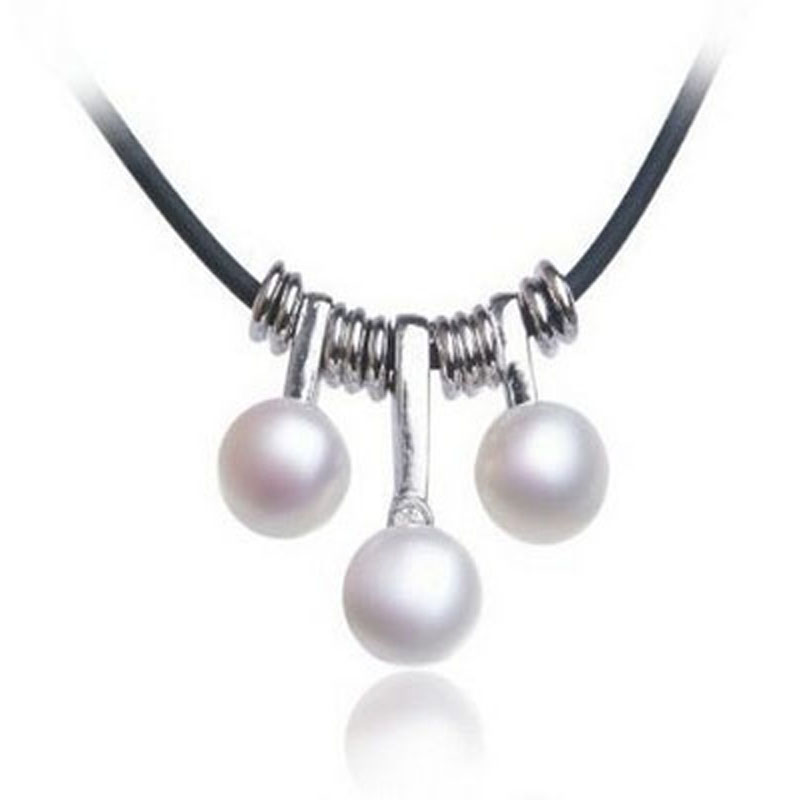 16 inches 8mm White Button Pearl & Black Leather Necklace