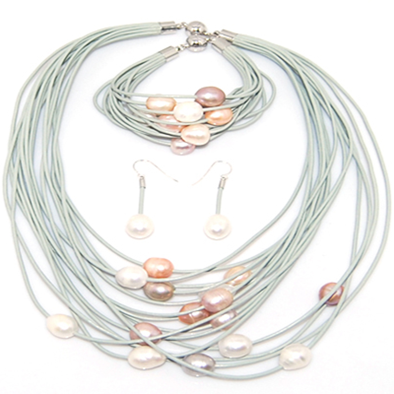 16-20 inches Natural Gray Leather Multicolor Pearl Necklace Set