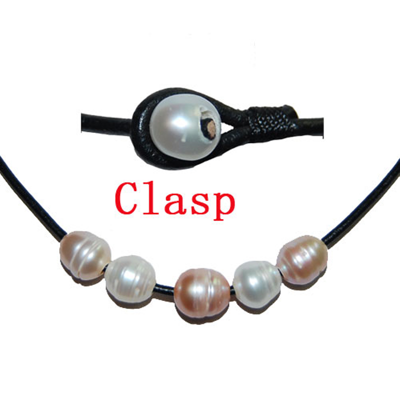 16 inches 10-11mm Brown Leather Pink&White Pearl Necklace