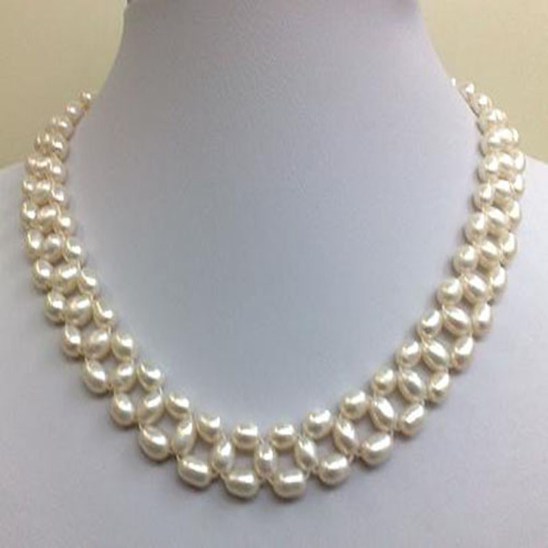 16 inches 4-5 mm Natural White Rice Pearl Braided Necklace