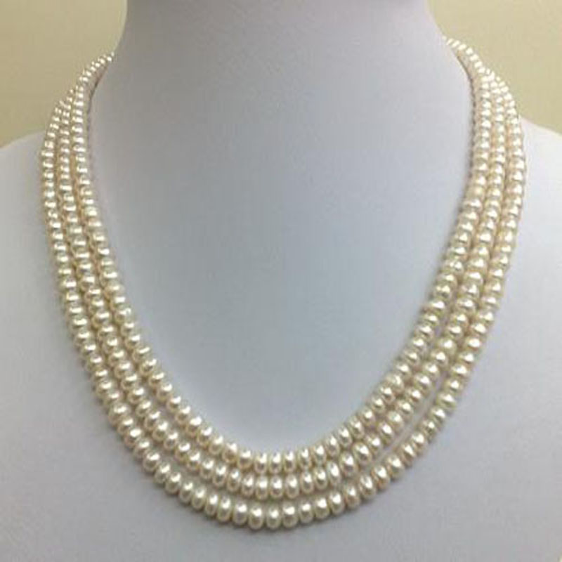16-18 inches Three Row 4-5mm White Button Pearl Necklace
