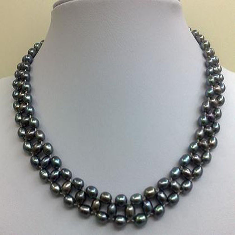 16 inches 4-5mm Black Rice Pearl Braided Necklace