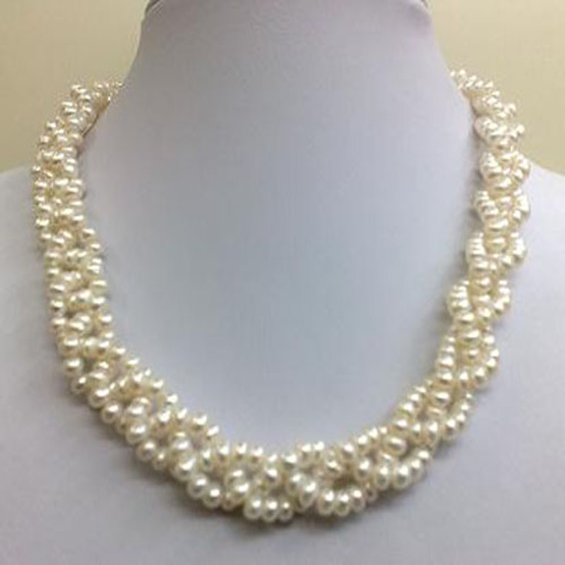 16 inches 4-5mm Three Rows White Twisted Pearl Necklace