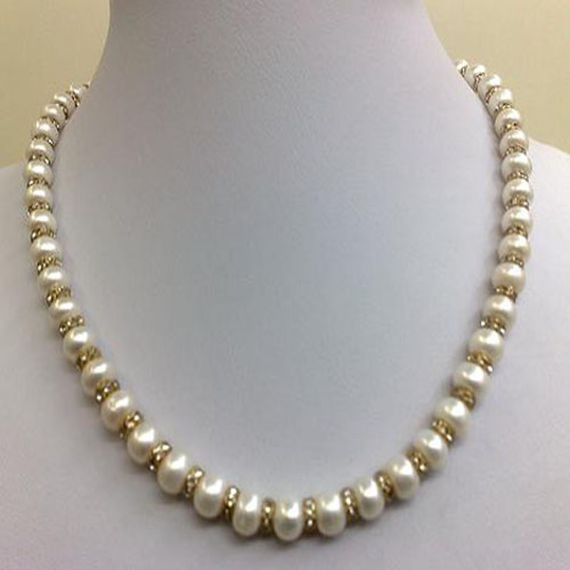 16 inches 6-7mm Natural White Pearl & Diamound Spacer Necklace