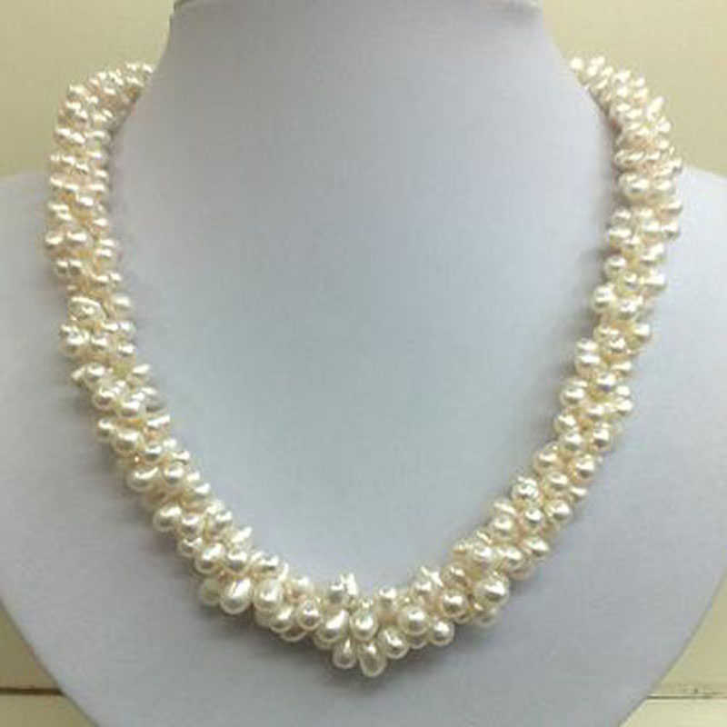 18 inches Three Rows 4-5 mm Natural White Pearl Necklace