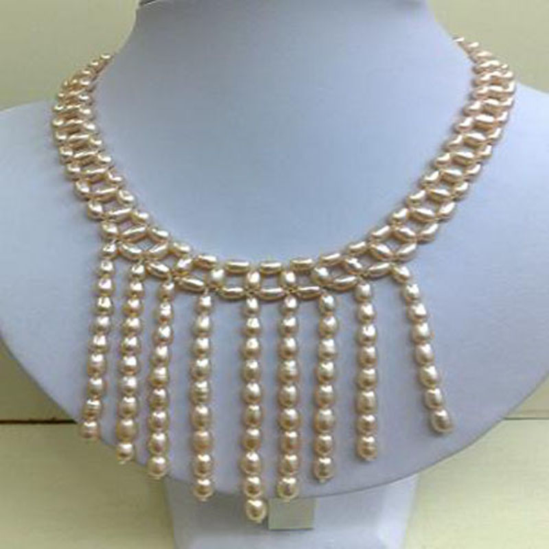 16 inches 4-5mm Natural Pink Rice Pearl Braided Necklace
