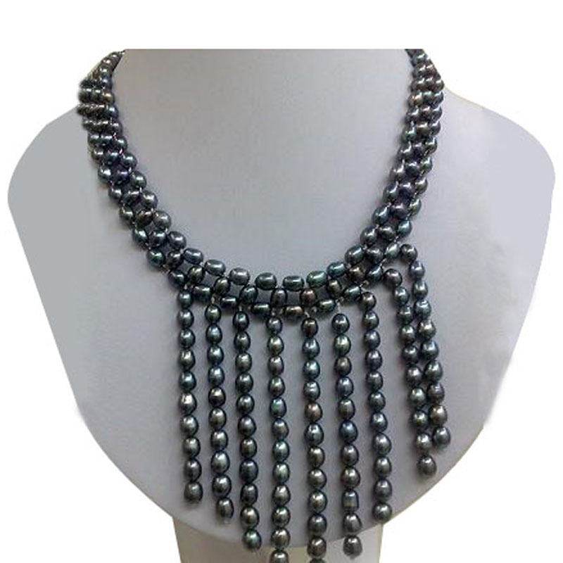 16 inches 4-5mm Black Natural Rice Pearl Braided Necklace