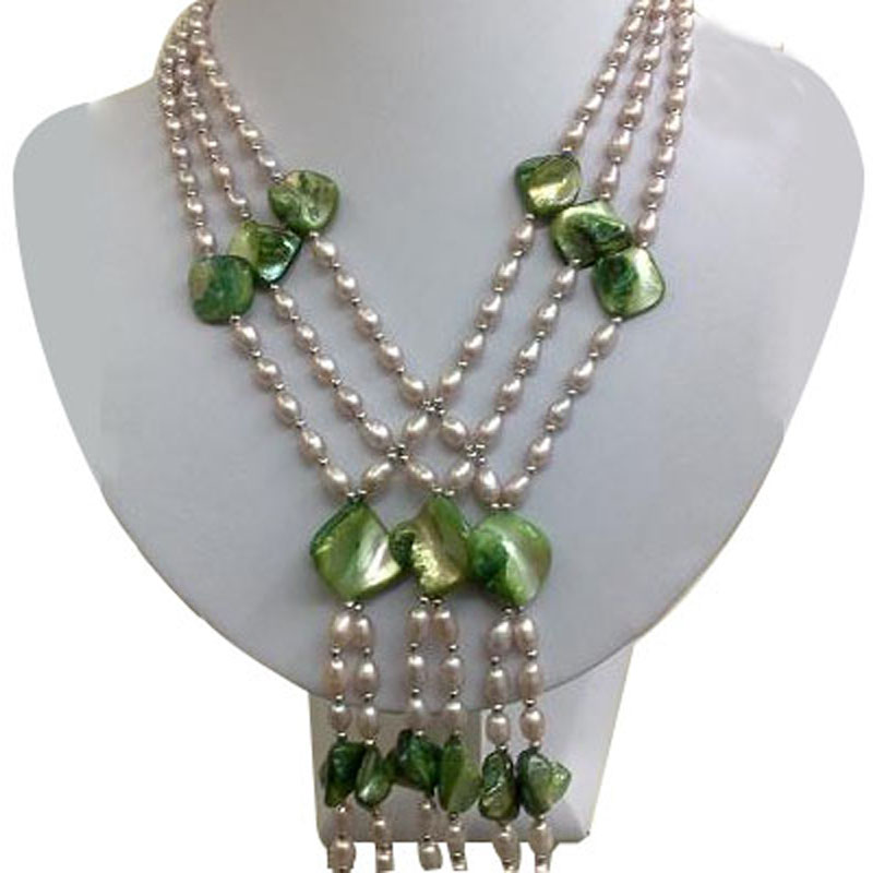 17 inches 4-5mm White Rice Pearl and Green Shell Necklace