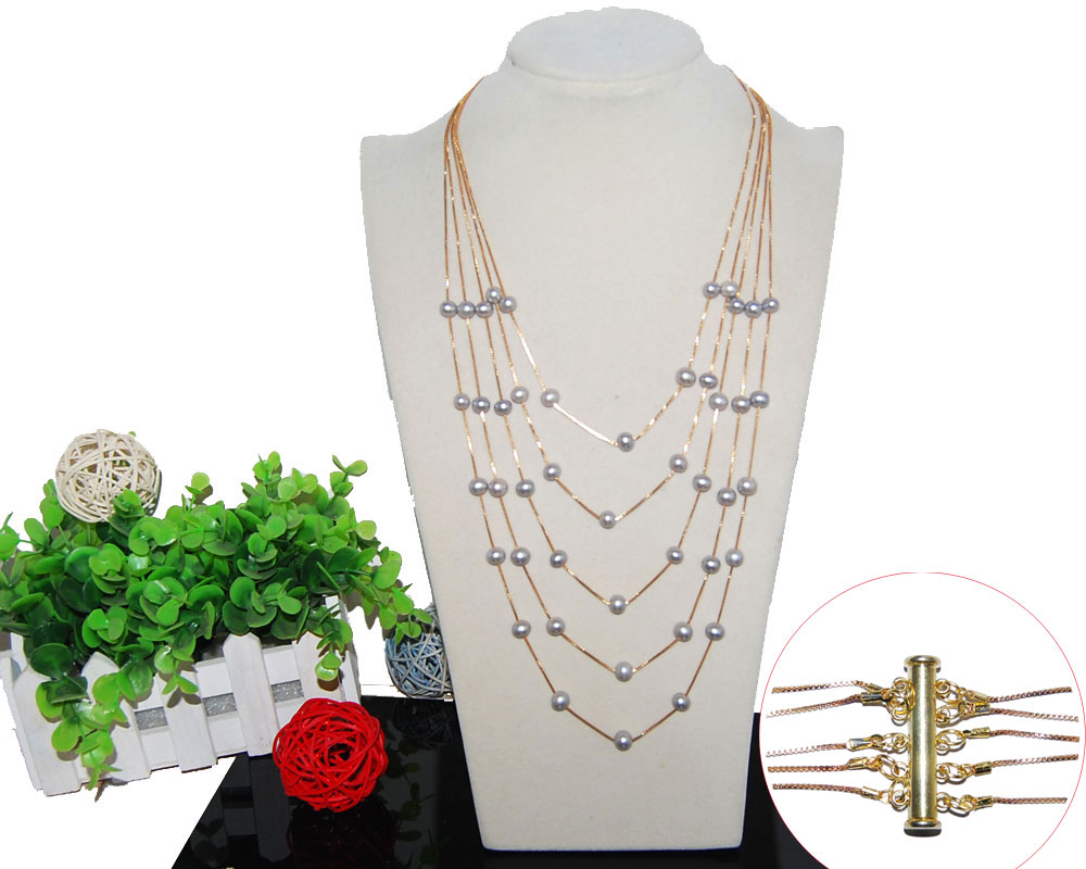 18-28 inches 5 rows Gray Pearl Gold Chain Necklace