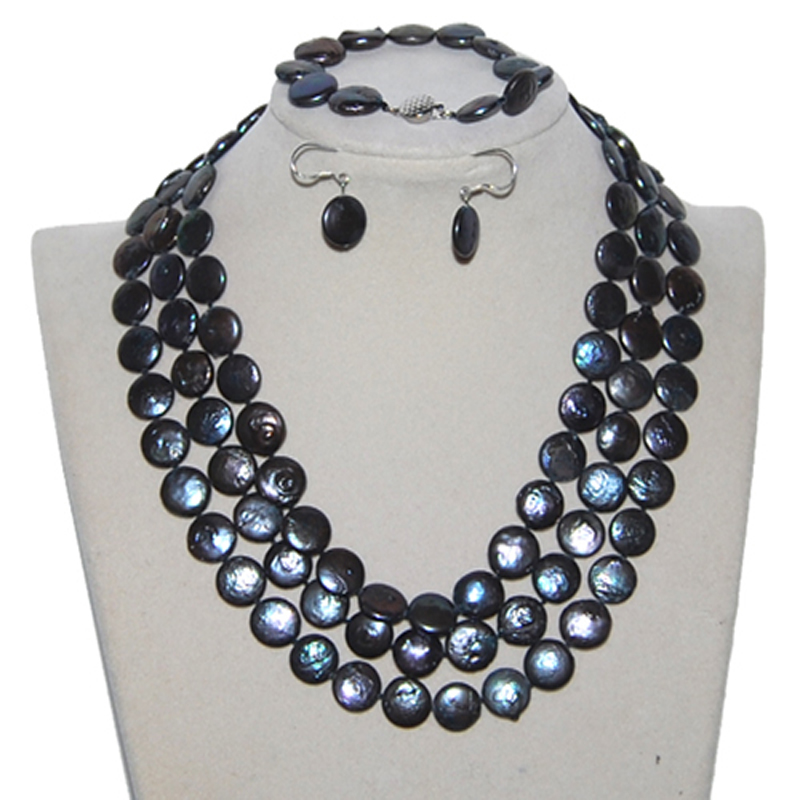 54 inches Black Coin Pearl Necklace Jewelry Set