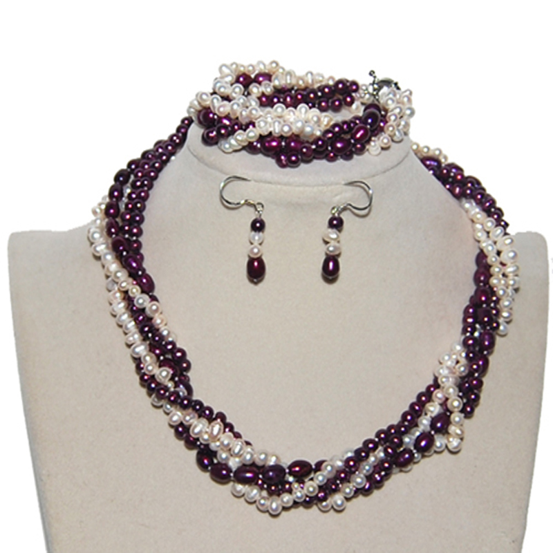 18 inches 5 rows 5-8mm White & Wine Red Pearl Necklace