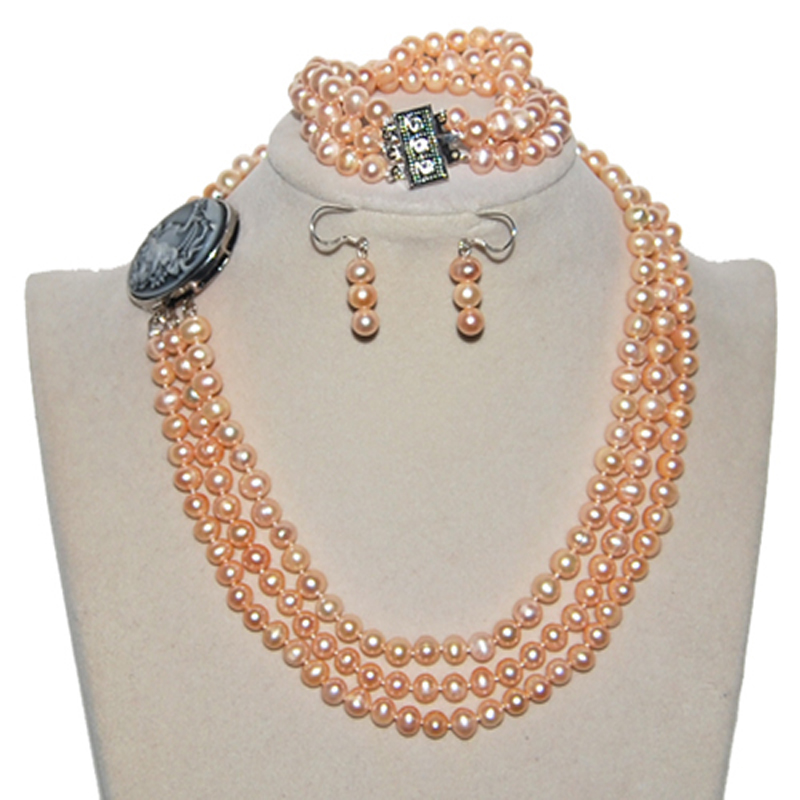 17-19 inches 3 rows 6-7mm Pink Oval Pearl Necklace Jewelry Set