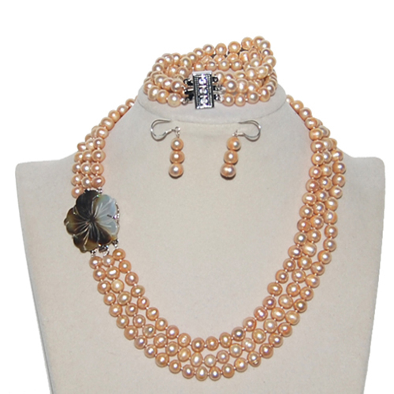 17-19 inches 3 rows 6-7mm Pink Potato Pearl Necklace Set
