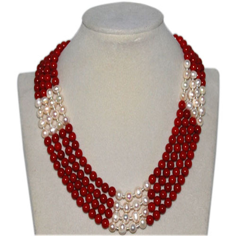 17-20 inches 4 rows 7mm Red Round Natural Coral & Pearl Necklace