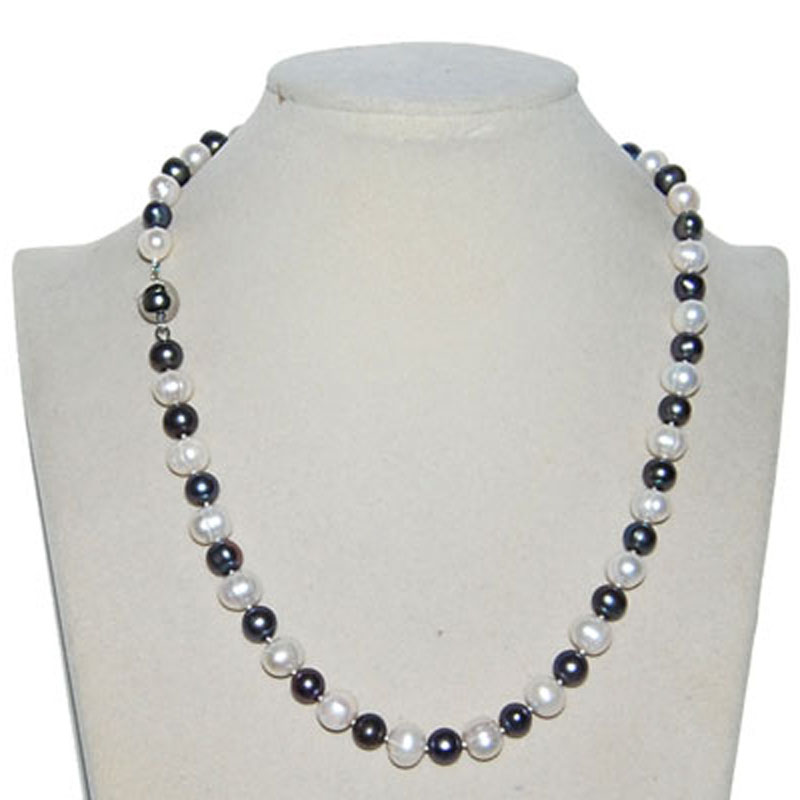 18 inches 8-9mm White & Black Potato Freshwater Pearl Necklace