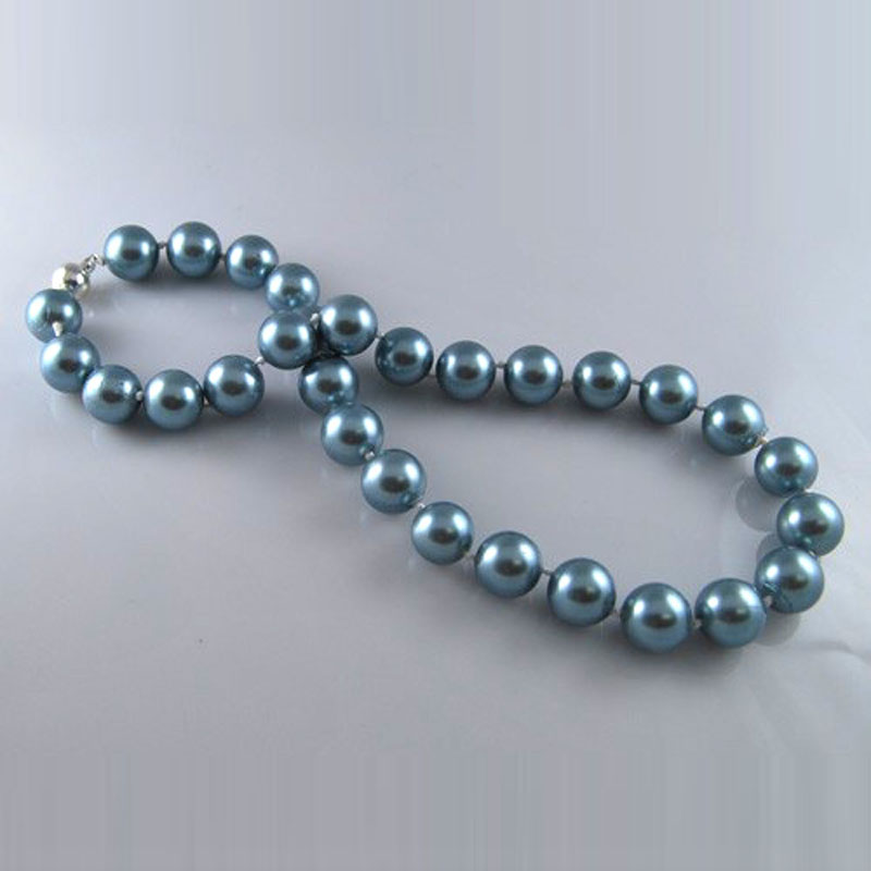 17 inches 14mm Aqumarine Round Shell Pearl Necklace