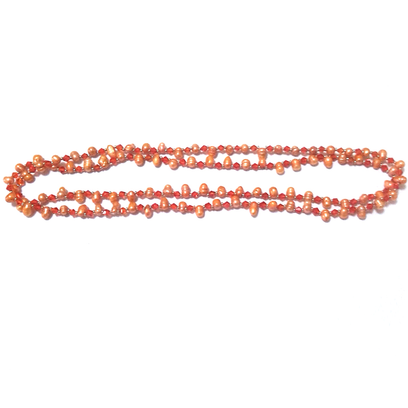 40 inches 5-6 mm Orange Dancing Pearl &Crystal Beaded Necklace