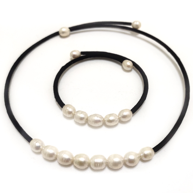 7-8m White Pearl Necklace & Bracelet Memory Wire Jewelry Set