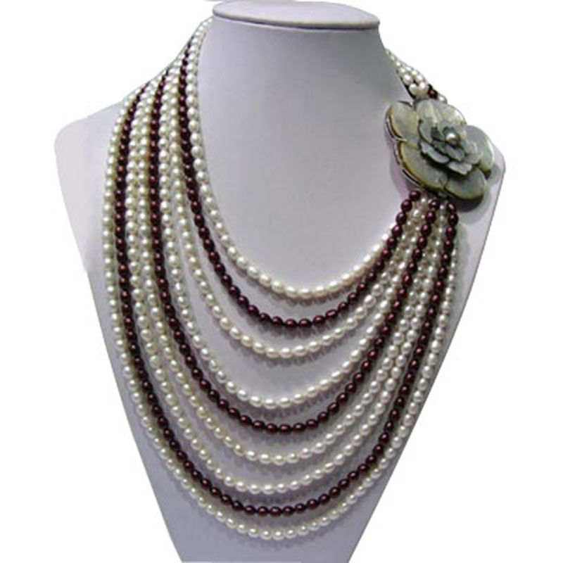 17-25 inches 9 Rows 5-6mm White & Black Rice Pearl Necklace