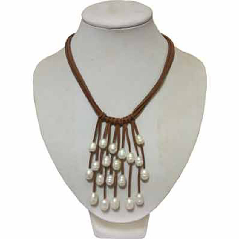 16 inches Coffee Leather Natural Pearl Tassel Necklace