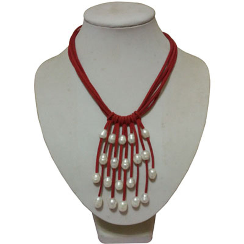 16 inches Red Leather Natural Freshwater Pearl Tassel Necklace