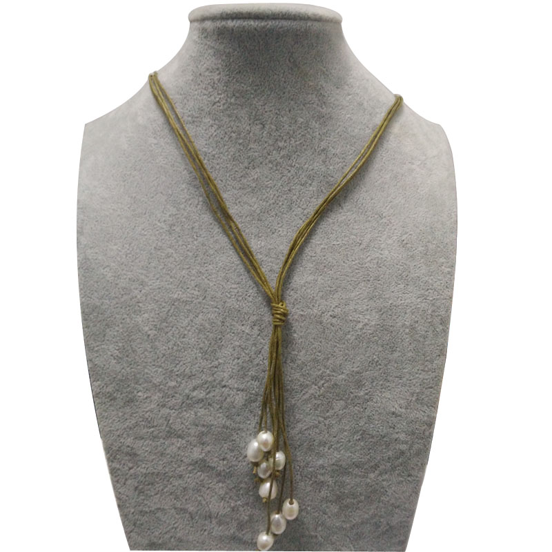 17 inches 4 Rows Coffee Leather Natural Pearl Necklace