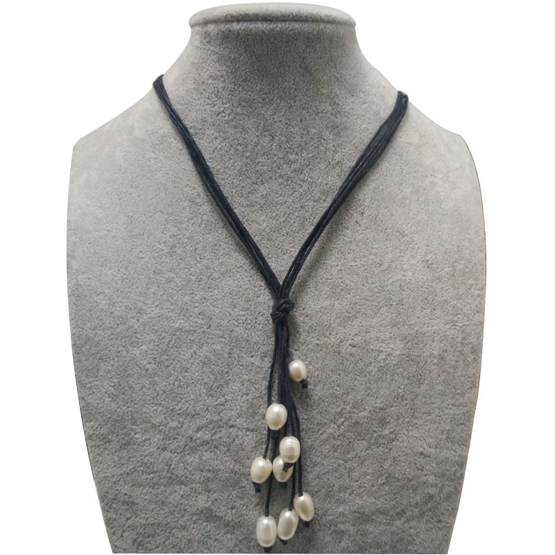17 inches 4 Rows Black Leather Natural White Rice Pearl Necklace