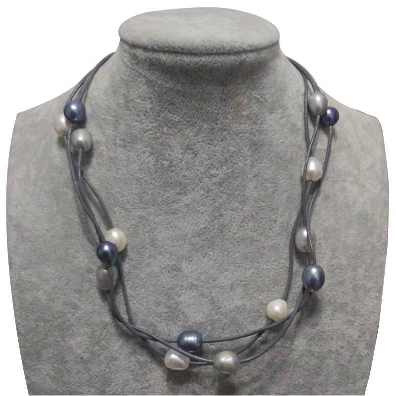 17 inches 3 Rows Gray Leather 11-12mm Multicolor Pearl Necklace
