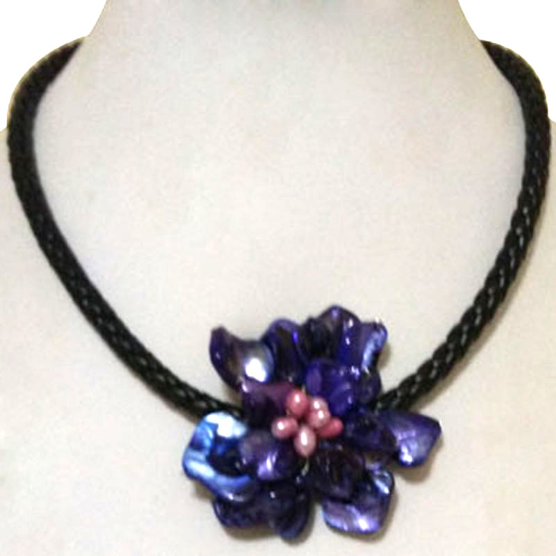 18 inches Natural Leather Purple Baroque Shell Flower Necklace