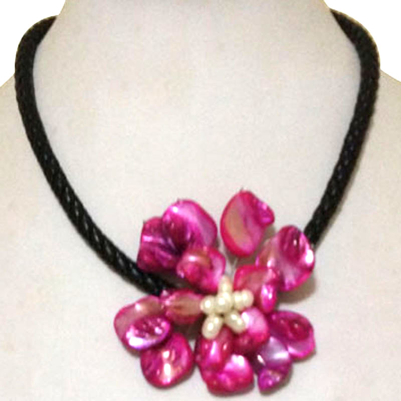 18 inches Natural Black Leather Rose Plum Shell Flower Necklace