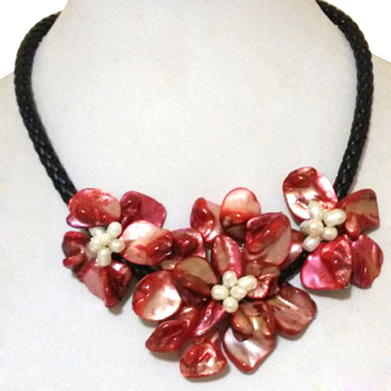18 inches Natural Leather Cord Three Red Shell Flower Necklace