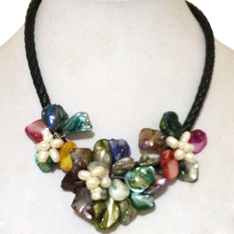18 inches Natural Leather Three Multicolor Shell Flower Necklace