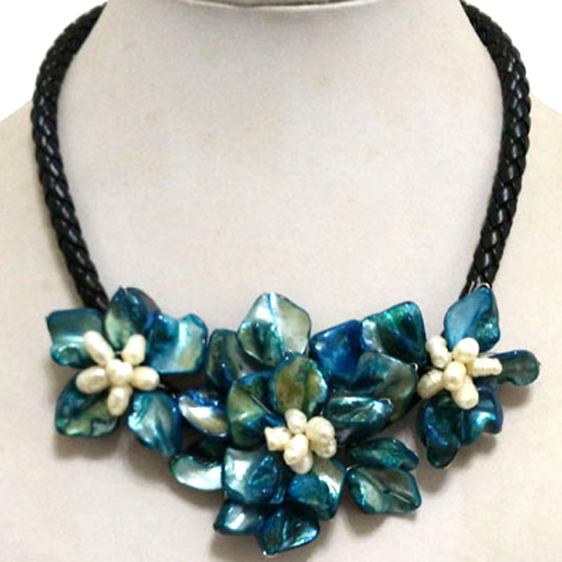 18 inches Natural Leather Cord Three Blue Shell Flower Necklace