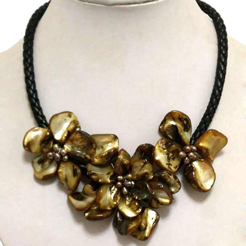 18 inches Natural Leather Three Coffee Shell Flower Necklace