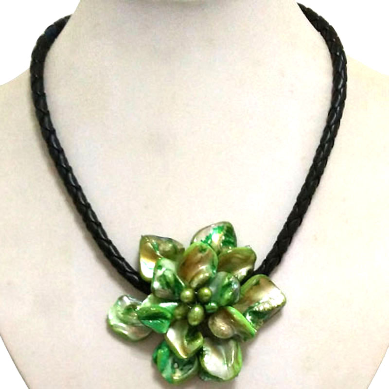 18 inches Natural Leather Cord One Green Shell Flower Necklace